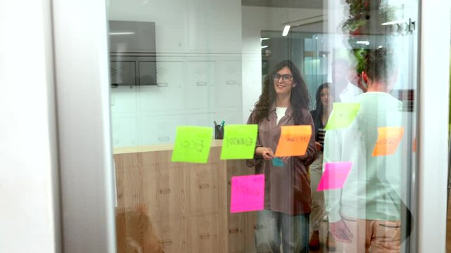 Startup team brainstorming and planning using sticky notes on glass wall