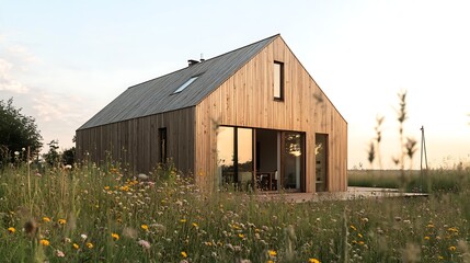 Modern wooden dwelling nestled in a field of wildflowers.