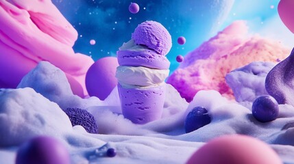 An enchanting display of dreamy purple ice cream surrounded by whimsical pastel clouds and colorful spheres in a surreal cosmic setting