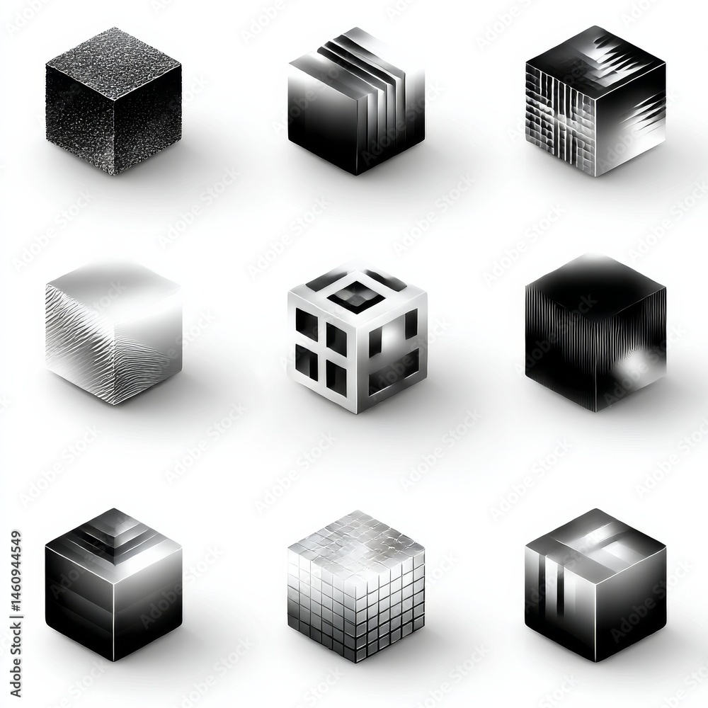 Aufkleber A Compilation of Stylized Cubes with Various Textures, Patterns, and Designs Displayed on a Clean White Background