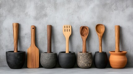 Aesthetic display of various kitchen utensils crafted from wood and stone in stylish containers on a textured background