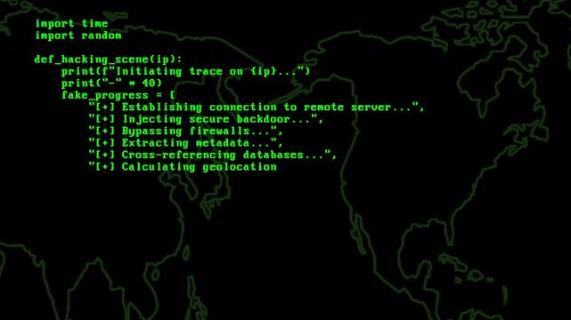 Computer screen text animation of Internet provider address tracking