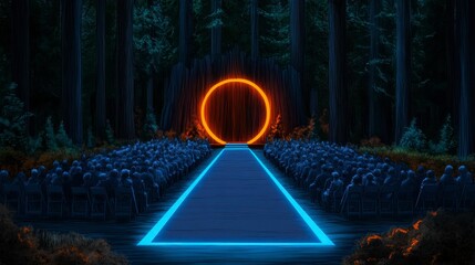 An enchanting ceremony set in a forest, featuring a glowing circular portal and a beautifully illuminated pathway for guests.