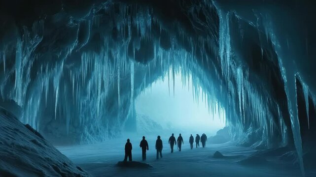 Group of people are walking through a cave with ice formations. Scene is mysterious and adventurous
