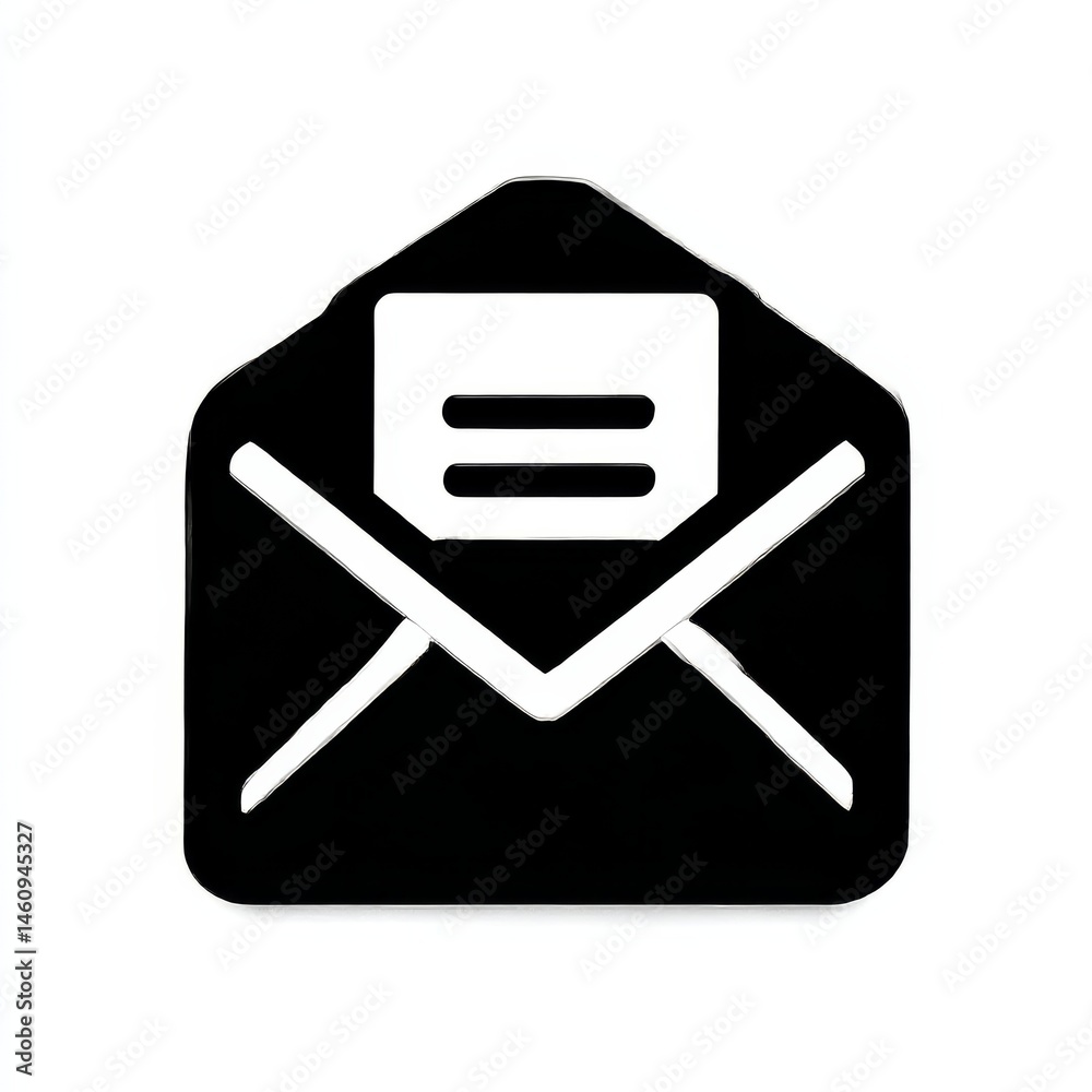 Poster email icon: black and white envelope with letter, modern design representing communication through d