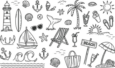Hand drawn beach elements illustration including sailboat lighthouse seashells and other summer icons