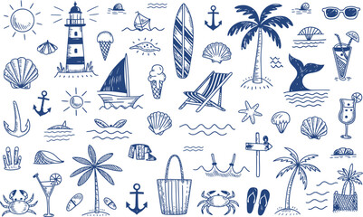 Hand drawn summer beach and vacation doodles in blue and white perfect for backgrounds.