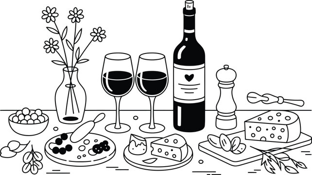 black and white wine and cheese still life clip art preview