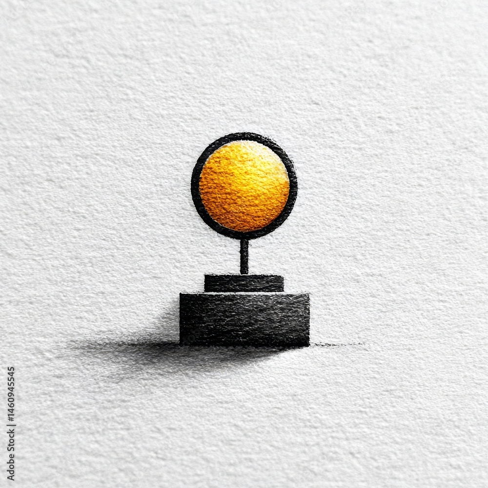 Poster Golden Orb on a Pedestal: A minimalist artistic rendering of a textured gold circle atop a black pedestal, casting a shadow on a white surface.