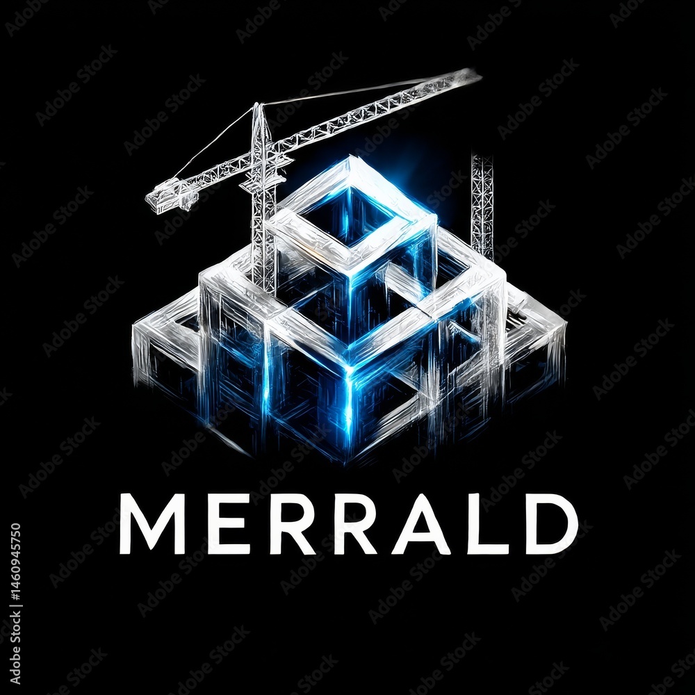 Aufkleber merrald: abstract construction with crane - a modern architectural blueprint on black, outlined in w