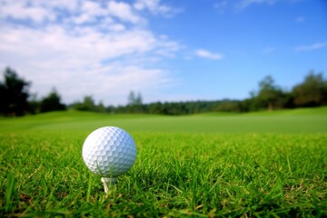 Fototapeta premium Golf ball resting on a tee in a lush green golf course 