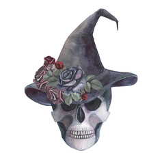 Scull gothic magical texture isolated on white background. Watercolor hand drawn esoterics sketch skull illustration. Art for design mystical halloween witch decoration, scary card