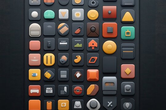 Collection of colorful, flat design icons  Various shapes and colors on dark background with 3D effect Icons represent different objects and actions, including travel, home, technology, and more