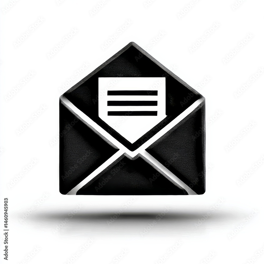 Poster modern black envelope icon on white background with shadow, message delivery and communication conce
