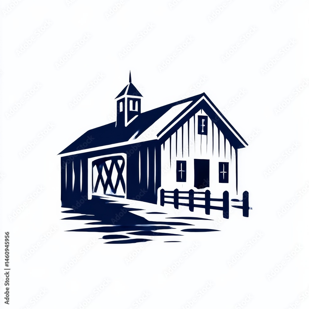 Aufkleber monochromatic blue barn: a simple and elegant design of a rural building with a fence in a stylized 