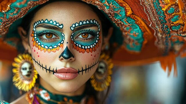 Celebrating D&iacute;a de los Muertos with traditional makeup and vibrant attire during the festival in Mexico