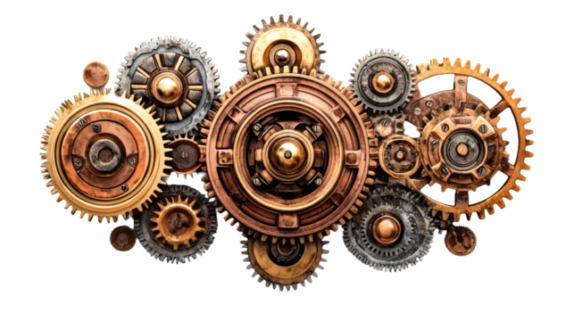 Intricate Gears and Cogs Arrangement on Black, cut out transparent - Powered by Adobe