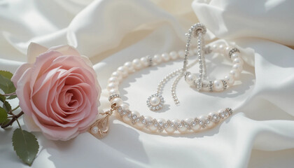 Luxury pearl necklace and sparkling diamond earrings displayed on soft ivory silk fabric, accompanied by a pink rose. Perfect for bridal themes, romantic occasions, or high-end jewelry showcases. Soft