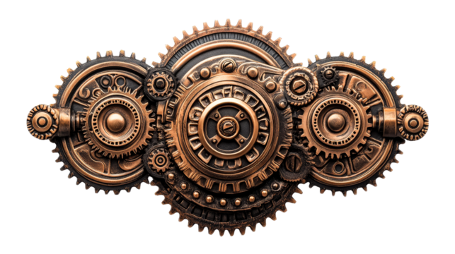 Gears, cogs, and springs machine assembly, cut out transparent