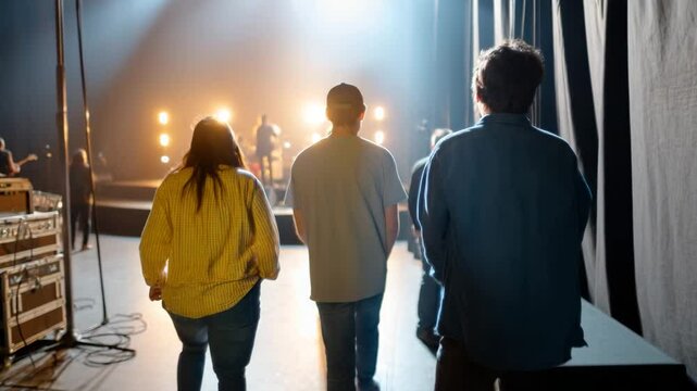 This captivating image shows silhouettes of three individuals walking towards a stage filled with lights, representing anticipation and excitement before a live performance.