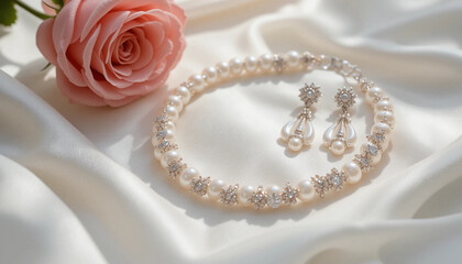 Luxury pearl necklace and sparkling diamond earrings displayed on soft ivory silk fabric, accompanied by a pink rose. Perfect for bridal themes, romantic occasions, or high-end jewelry showcases. Soft