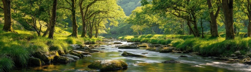 A serene forest stream flows through lush greenery and sunlight, surrounded by trees and rocks in a peaceful natural landscape.