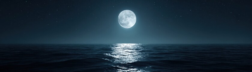 A bright full moon shines over a calm ocean at night, with its reflection shimmering on the water under a starry sky.