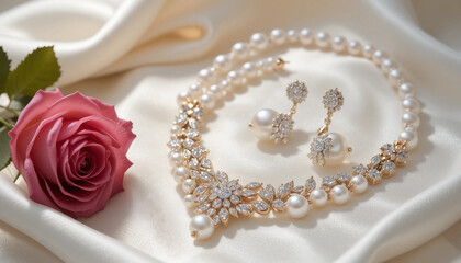Luxury pearl necklace and sparkling diamond earrings displayed on soft ivory silk fabric, accompanied by a pink rose. Perfect for bridal themes, romantic occasions, or high-end jewelry showcases. Soft