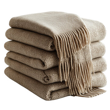 Stacked beige throws blankets with fringe soft warm cozy home decor interior design textile comfort fabric on transparent background