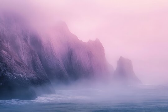 Misty pink fog gracefully enveloping a stunning coastal rock formation at sunrise by the sea