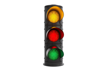 Three aspect traffic light isolated on white and transparent background with red illuminated and dual amber lenses