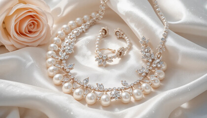 Luxury pearl necklace and sparkling diamond earrings displayed on soft ivory silk fabric, accompanied by a pink rose. Perfect for bridal themes, romantic occasions, or high-end jewelry showcases. Soft
