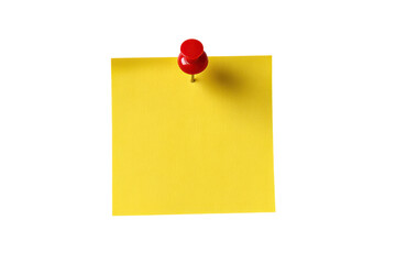 Yellow sticky note with red pushpin isolated on transparent background