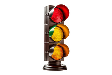 Three aspect traffic light isolated on white and transparent background with red illuminated and dual amber lenses