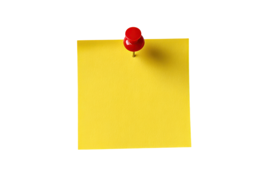 Yellow sticky note with red pushpin isolated on transparent background