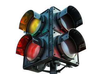 Three aspect traffic light isolated on white and transparent background with red illuminated and dual amber lenses