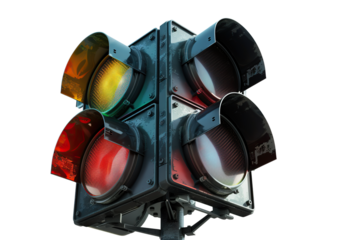 Three aspect traffic light isolated on white and transparent background with red illuminated and dual amber lenses