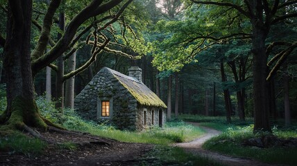 Stone Cottage with Lit Window in a Lush Green Forest at Dusk