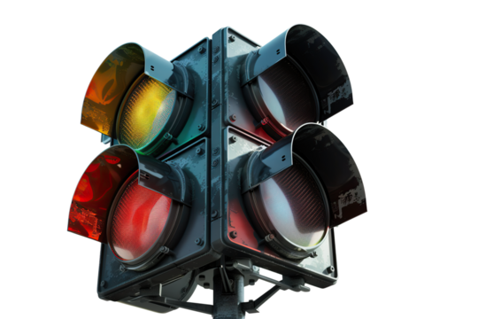 Three aspect traffic light isolated on white and transparent background with red illuminated and dual amber lenses