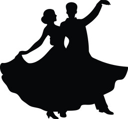 Ballroom Dancing Couple Silhouette in Elegant Tango Pose - Black and White Vector Art