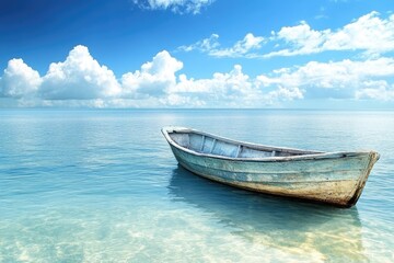 Naklejka premium Tranquil scene of a small boat on a placid sea under a vast azure sky