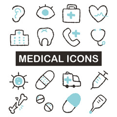 シンプルな医療機器・診察・検査の手描き風アイコン素材セット｜薬・聴診器・救急車のイラスト