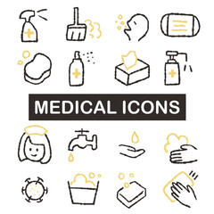 シンプルな医療・予防の手描き風アイコン素材セット｜うがい・マスク・手洗いのイラスト