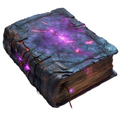 Old magical spellbook with glowing purple energy ancient tome of knowledge and arcane secrets...