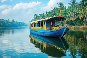 Fototapeta premium Colorful boat on serene river, lush tropical banks