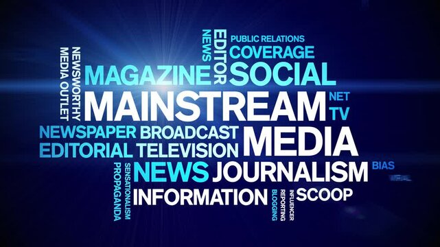 Mainstream Media animated word cloud;text design animation tag kinetic typography seamless loop.