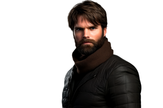 Stern bearded man in winter clothing, cut out transparent - Powered by Adobe