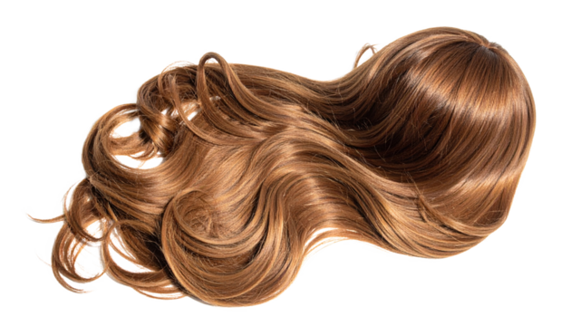 Light Brown Long flowing wig hair with shiny finish isolated on solid white background Png 