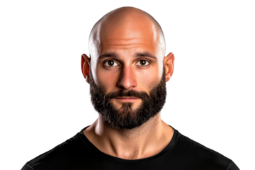 Intense portrait of a bald man with a beard, cut out transparent