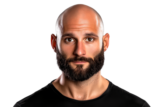 Intense portrait of a bald man with a beard, cut out transparent